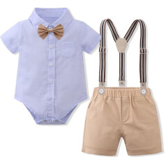 FYMNSI Baby Boys Gentleman Suits Toddler īsām piedurknēm Bow Tie krekls Romper + bikšturi + šorti kombinezoni Pageant Suit kristību kāzu apģērbu komplekts