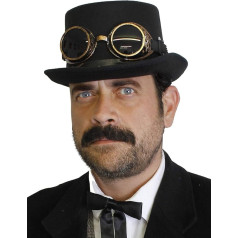 STEAMPUNK CILINDRA CEPURE AR AKSESUĀRIEM - MELNA CILINDRA CEPURE AR NOŅEMAMIEM VARA KRĀSAS STIKLIEM UN FIKSĒTU PLĀNU ĶĒDĪTI UN 6 MAZIEM ZOBRATIEM (12 GAB. IEPAKOJUMĀ)