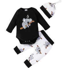 Mazuļa zīdaiņu zēnu karikatūra zvēriņi apģērbu komplekts 3 garām piedurknēm Crew kakla Pullover Koala lapsa žirafe drukāt Bodysuit Rompers elastīgās jostas bikses cepure 0-18 mēneši