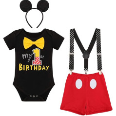 Bērnu zēni Mickey Mouse kostīms Pirmā dzimšanas diena kūka Smash apģērbs īsām piedurknēm Bowtie Romper + bikšturi + šorti + ausu lenta 4 gab apģērbu komplekts Foto šaušanas