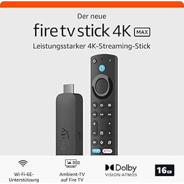 Sertificēts un atjaunots Amazon Fire TV Stick 4K Max, atbalsta Wi-Fi 6E straumēšanas funkciju Ambient TV