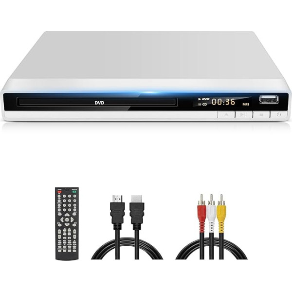 Balts DVD CD atskaņotājs televizoram, bezreģionāls DVD atskaņotājs ar HDMI AV izejas kabeli, 1080P DVD-CD atskaņotājs ar USB ieeju, bez visiem reģioniem, kļūdu korekcija, integrēta PAL NTSC sistēma