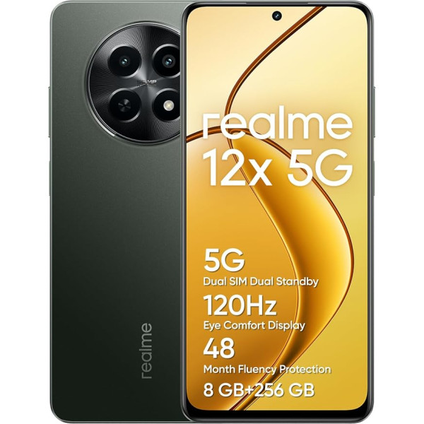 realme 12 x 5G viedtālrunis 8+256 GB, Kamera ar 50 MP AI, Dual Standby 5G, TÜV SÜD šķidruma aizsardzība 48 mēnešiem, 120 Hz displejs, 5000 mAh akumulators, spīdošs melns (bez adaptera)