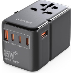 MINIX universālais ceļojuma adapteris, 85 W GaN III starptautiskais strāvas adapteris, 3 USB-C, 2 USB-A pieslēgvietas, maiņstrāvas kontaktligzda, pasaules mēroga ceļojuma lādētājs portatīvajiem datoriem, planšetdatoriem, tālruņiem un citiem