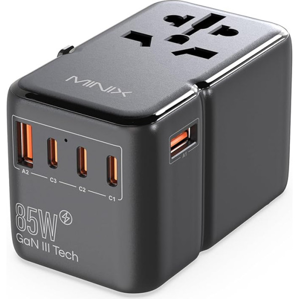 MINIX universālais ceļojuma adapteris, 85 W GaN III starptautiskais strāvas adapteris, 3 USB-C, 2 USB-A pieslēgvietas, maiņstrāvas kontaktligzda, pasaules mēroga ceļojuma lādētājs portatīvajiem datoriem, planšetdatoriem, tālruņiem un citiem