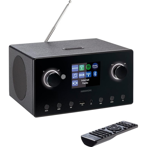 MEDION P85444 2.1 interneta radio ar zemfrekvences skaļruni (DAB+, FM radio, Spotify Connect, WLAN, Bluetooth, straumēšana, ekvalaizeris, krāsu displejs, USB, AUX, modinātājs, modinātājs, Snooze funkcija, miega taimeris) melns