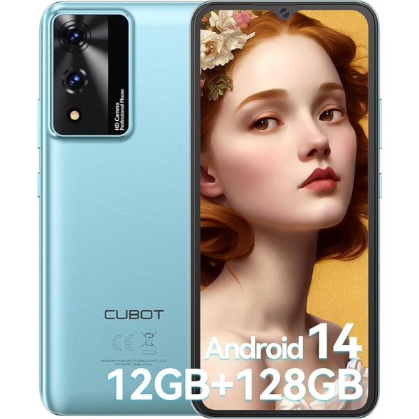 CUBOT A10 viedtālrunis bez līguma 12GB (4+8) RAM + 128GB ROM/TF 1TB Paplašināt Android 14 Mobilais tālrunis 6,56 collu ekrāns 48MP kamera 5100mAh 4G Dual SIM Face ID Blue