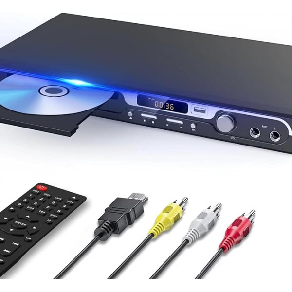 Maite 1080P HD DVD atskaņotājs televizoram, HDMI DVD atskaņotājs ar dubultiem mikrofonu ieejām, DVD atskaņotājs bez reģiona atbalsta USB ieeju HDMI/AV izeju, metāla pogu un Dolby skaņu