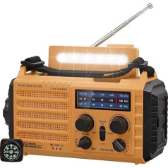 Pārnēsājams saules radio, avārijas radio ar kloķīti, Dynamo Weather AM/FM/SW radio, 5000mAh uzlādējams Powerbank, USB tālruņa lādētājs, LED lukturītis un lasīšanas gaisma, SOS signāls, kompass kempingam ārā