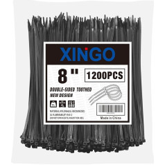 XINGO 1200 divpusējas kabeļu saites ar zobiem, melnas, 200 mm x 4,8 mm, 40 kg stiepes izturība, izturīgas pret UV starojumu, pašbloķējošas kabeļu saites iekštelpās un ārpus telpām.