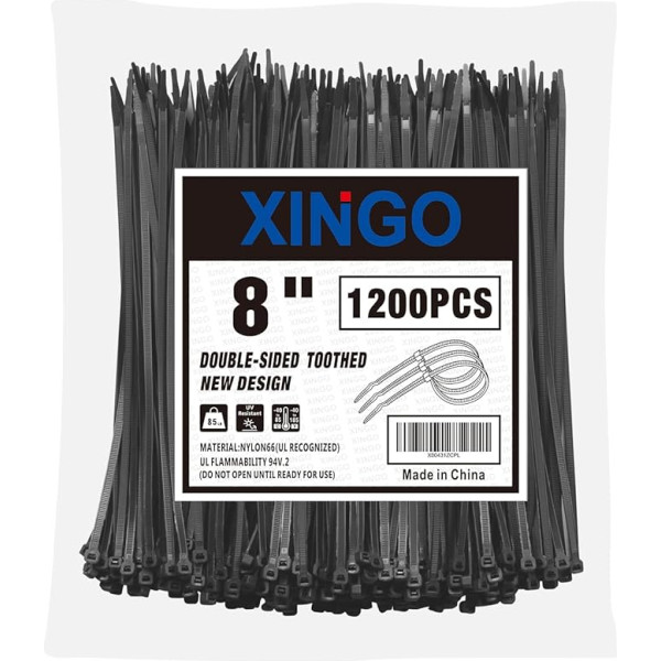 XINGO 1200 divpusējas kabeļu saites ar zobiem, melnas, 200 mm x 4,8 mm, 40 kg stiepes izturība, izturīgas pret UV starojumu, pašbloķējošas kabeļu saites iekštelpās un ārpus telpām.