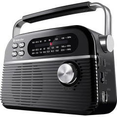 Defender® Vega portatīvais retro radio ar Bluetooth, FM/AM/SW radio uztveršana, integrēta baterija, virtuves radio, teleskopiska antena, skaļrunis 5 W, USB-C, melns