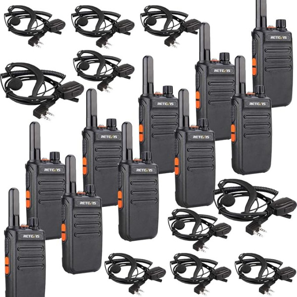 Retevis RB635 Rācija ar austiņām, Walkie Talkie VOX, PMR radio, divvirzienu radio, rokas raidītājs ar lukturīti skolai, klubam, pasākumu plānošanai (melns, 10 gabali)