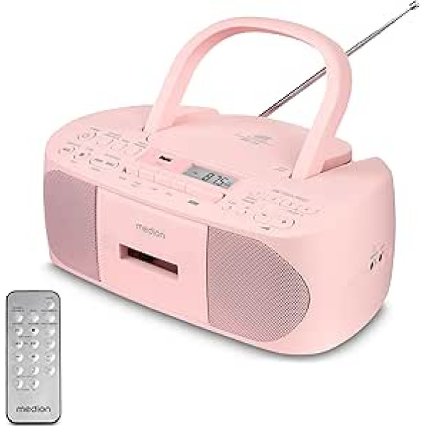 MEDION E65010 Stereo radio (CD atskaņotājs, kasešu atskaņotājs, USB ports, AUX audio ieeja, MP3 atskaņošana. FM PLL radio, 40 staciju atmiņa, darbojas ar akumulatoru, tālvadības pults) Rozā krāsā