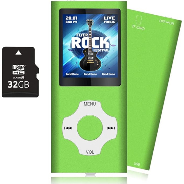 Tabmart MP3 MP4 mūzikas atskaņotājs ar 16GB MicroSD atmiņas kartes atbalstu Audio atskaņotājs Mediju atskaņotājs FM radio E-grāmata Iebūvēts skaļrunis Ilgs akumulatora darbības laiks 1,81 collu krāsu displejs Mūzikas atskaņotājs Zaļš