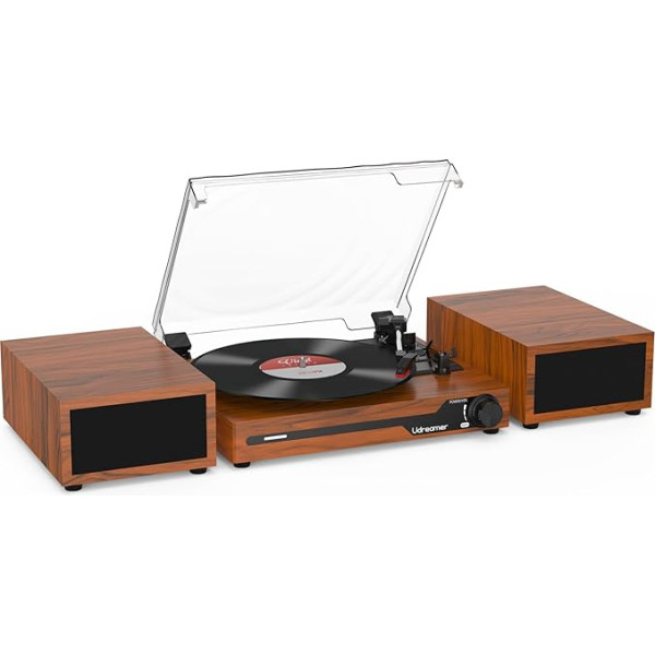 Udreamer Vinilplašu atskaņotājs ar 2 dubultiem stereo skaļruņiem, Vintage Vinilplašu atskaņotājs Bluetooth 5.3, atbalsta 3 ātrumus Aux-In, RCA Line, USB, bezvadu atskaņošana, brūns