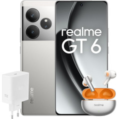 realme viedtālrunis GT6 256GB 8GB Fluid Silver EU + Buds Air 6 Flame Silver EU + SUPERVOOC 120W barošanas adapteris Balts