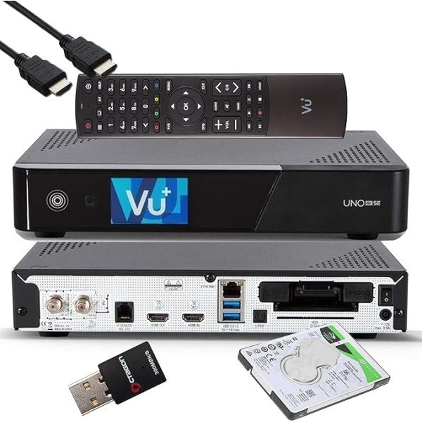 VU+ UNO 4K SE - UHD HDR 1x DVB-S2 FBC Sat Twin Tuner E2 Linux uztvērējs, YouTube, Satelītu cietā diska uztvērējs, CI + karšu lasītājs, multivides atskaņotājs, USB 3.0, EasyMouse HDMI kabelis, 1TB HDD, 300 Mbit WiFi