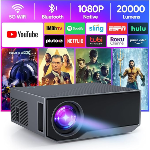 CoolEeve 20000 lūmenu Bluetooth projektors ar Full HD 1080P, 5G WiFi LED mājas kino portatīvais projektors, saderīgs ar iOS/Android/Laptop/HDMI/PC/TV Stick/USB