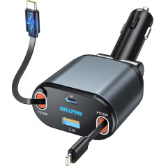 OHLPRO Izvelkamais auto lādētājs 4-in-1 USB C [PD3.0 & QC3.0] Ātrs lādētājs, Cigarešu aizdedzinātāja kontaktdakšas adapteris 80 W ar Lightning uzlādes kabeli, mobilā tālruņa auto lādētājs iPhone 15, 14, 13 Pro, Max,