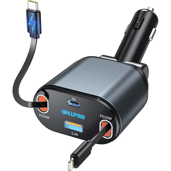 OHLPRO Izvelkamais auto lādētājs 4-in-1 USB C [PD3.0 & QC3.0] Ātrs lādētājs, Cigarešu aizdedzinātāja kontaktdakšas adapteris 80 W ar Lightning uzlādes kabeli, mobilā tālruņa auto lādētājs iPhone 15, 14, 13 Pro, Max,