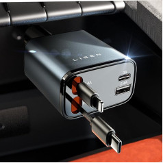 LISEN 69W izvelkamais cigarešu aizdedzinātāja USB C auto lādētājs Auto lādētājs Cigarešu aizdedzinātāja ātrās lādēšanas adapteris lādēšanas kabelis Auto mobilā telefona auto 12V-24V ar iPhone 15 Pro Max 14 iPad Samsung Pixel