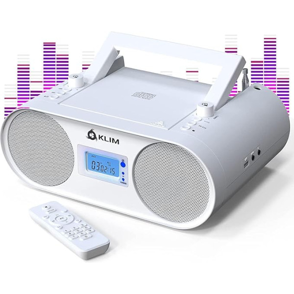 KLIM Boombox B4 Radio ar CD atskaņotāju + AM/FM radio, MP3, Bluetooth, AUX, USB + CD atskaņotājs Pārnēsājams ar bezvadu režīmu un uzlādējamu akumulatoru + ar tālvadības pulti, automātisko miega režīmu, digitālo ekvalaizeru - balts