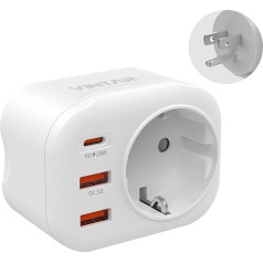 VINTAR 20W ASV ceļojuma adapteris, 4-in-1 PD & QC 3.0 adapteris ASV, ar 2 USB pieslēgvietām un 1 USB-C pieslēgvietu, piemērots ātrai uzlādei ASV, Kanādā, Meksikā, B tips