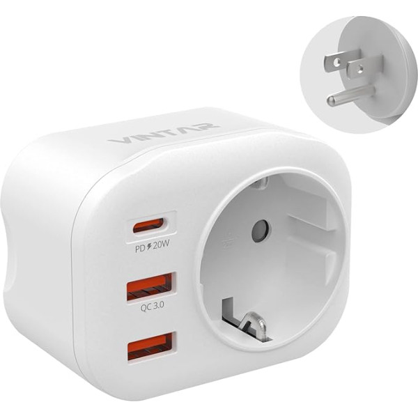 VINTAR 20W ASV ceļojuma adapteris, 4-in-1 PD & QC 3.0 adapteris ASV, ar 2 USB pieslēgvietām un 1 USB-C pieslēgvietu, piemērots ātrai uzlādei ASV, Kanādā, Meksikā, B tips