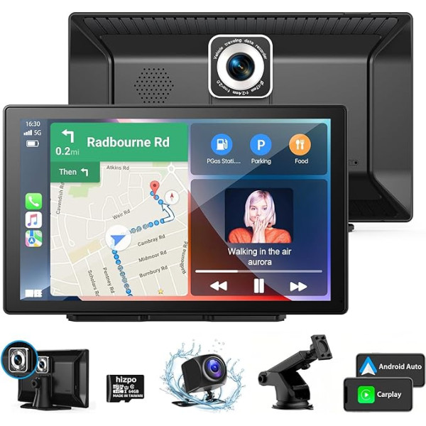 KooDux Automašīnas ekrāns bezvadu CarPlay un Android automašīnai ar 4K Dash Cam, 9 collu portatīvais auto radio stereo ar 1080P atpakaļgaitas kameru, GPS navigāciju, balss vadību, ar 64 GB TF karti, FM, AUX,