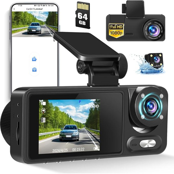 3CH Dashcam 1080P automašīnas priekšējā aizmugurējā un iekštelpu WiFi ar App Control, Dash Cam auto kamera ar 64GB SD karti, auto kamera ar infrasarkano nakts redzamību, G-sensors, cilpas ierakstīšana, skata leņķis