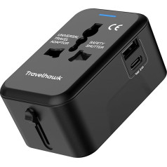 TravelHawk Travel Adapter Worldwide - G tipa, A tipa, D tipa USB-C un USB ceļojuma kontaktdakšas 20W Ātrā lādētāja ceļojumu adapteris Lielbritānija, ASV, Austrālija, Āzija, Dienvidamerika, Āfrika