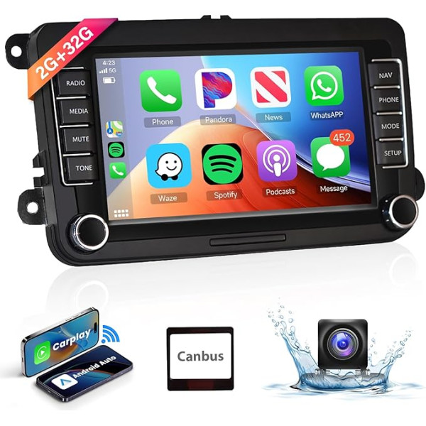 podofo Android auto radio VW Tiguan Golf 5 Skoda Passat Polo Bezvadu Carplay Android auto 2 DIN ar 7 collu ekrānu, navigācijas AHD atpakaļgaitas kameru FM/RDS ar 36/40/52 kontaktu kabeli WiFi/GPS