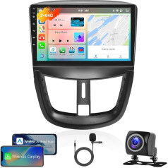 Podofo Auto radio Peugeot 207 2006-2015 ar bezvadu Carplay Android Car, 9 collu IPS skārienekrāns, 8 kodolu 2+64G, Android auto radio, Bluetooth/WiFi/Mirror Link/GPS + atpakaļgaitas kamera