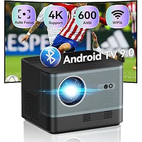 [Automātiskā fokusēšana] XJ-HOME I20 projektors ar 4K atbalstu, viedprojektors ar WiFi 6 un Bluetooth 5.2, klusais mājas kinozāles projektors 600 ANSI ar Android TV 9.0, āra filmu projektors ar HiFi duālajiem skaļruņiem