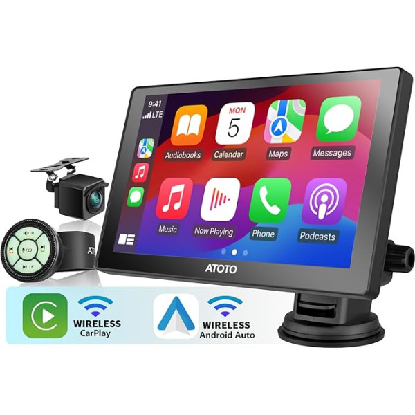 ATOTO P807SD-RC Portatīvais bezvadu Carplay autoradio: Bezvadu Android automašīnas, 7 collu QLED pretapžilbināšanas skārienjutīgais ekrāns, 1080P aizmugures skata kamera, tālvadības pults, Bluetooth, WDR, auto aptumšotājs.