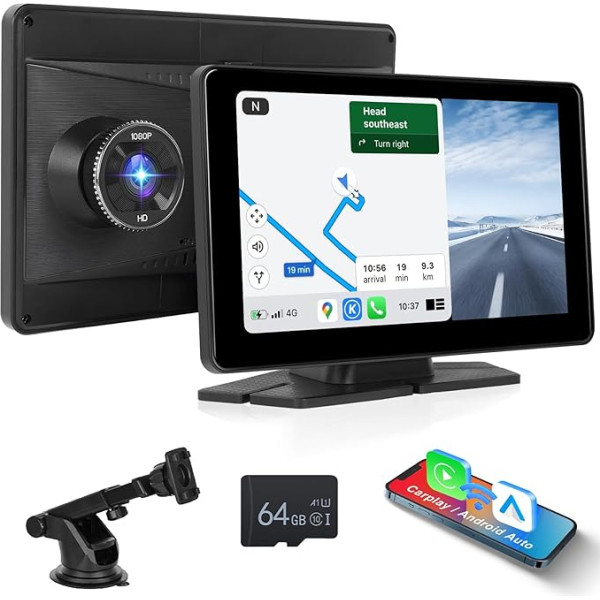 Hodozzy 2.5K pārnēsājamais auto radio Bezvadu CarPlay Android auto, 7 collu IPS skārienjūtīgā ekrāna auto radio ar navigāciju Dashcam priekšējā kamera DVR, Bluetooth pārnēsājamais displejs Auto karte TF/FM/AUX