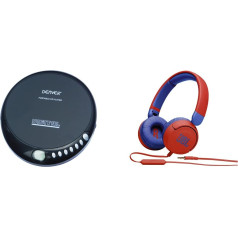 Denver DM-24 Discman Black & JBL Jr310 On-Ear Kids Headphones in Red/Blue - Wired Earphones with Headset and Remote Control - Ideal for School and Leisure