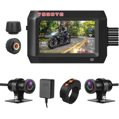 VSYSTO WiFi motociklu Dash Cam, ūdensizturīga 3 collu ekrāna WDR SONYIMX307 150° platleņķa HD 1080P priekšējā un aizmugurējā kamera, riepu spiediena sensori, temperatūras sensors, autostāvvietas uzraudzība, GPS