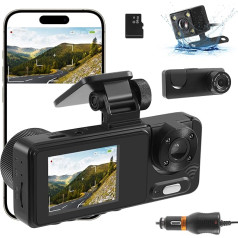 Niukuyu Dash Cam priekšējā un aizmugurējā interjera kamera ar 3 objektīviem, Dash Cam WiFi/APP Controlr ar 64G SD karti, 1080P Car DVR kamera ar cilpas ierakstīšanu, nakts redzamību, 170° platu leņķi, 24H stāvvietas režīmu, WDR,