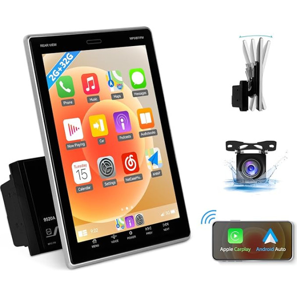 2G + 32G CAMECHO Android 11 autoradio ar 9,5 collu vertikālu ekrānu, Double DIN auto radio ar satelītnavigāciju, Android Car, Wireless Carplay, RDS/FM Bluetooth un USB x 3 + atpakaļgaitas kamera