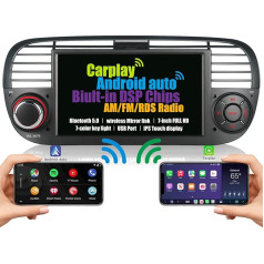 Iebūvēts bezvadu Carplay un bezvadu Android DSP auto radio Fiat 500 2007-2015, saderīgs ar Bluetooth 7 collu IPS ekrāna EQ zemfrekvences skaļruni AM FM RDS radio navigācija (melns)