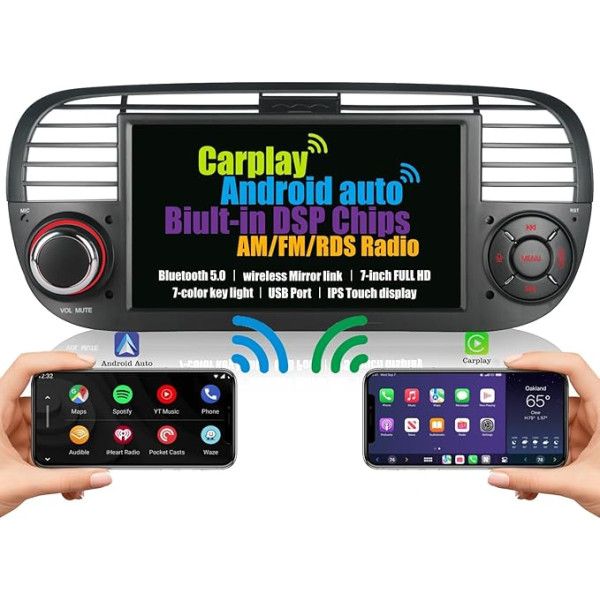 Iebūvēts bezvadu Carplay un bezvadu Android DSP auto radio Fiat 500 2007-2015, saderīgs ar Bluetooth 7 collu IPS ekrāna EQ zemfrekvences skaļruni AM FM RDS radio navigācija (melns)