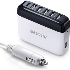 USB-C PD auto lādētājs, BESTEK USB lādētājs, 6 virzienu uzlādes stacija 86 W ar 1,5 m pagarinātāju un cigarešu aizdedzes kontaktdakšu, barošanas avots mobilajiem telefoniem, planšetdatoriem, MP3 u.c., balts