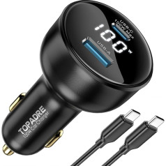 TOPADRE 100 W USB-C auto lādētājs ar displeju, PD3.0+QC C tipa auto lādētāja adapteris ar 100 W USB-C kabeli, ātra uzlāde portatīvajiem datoriem, MacBook Pro, iPad, iPhone 15/14/Pro Max, Galaxy S24/S23 Ultra u.c.