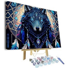 TISHIRON Blauer Wolf DIY glezna pēc varavīksnes skaitļiem Abstrakta Indijas stila glezna pēc skaitļiem pieaugušajiem Sapņu ķērājs Glezniecība pēc skaitļiem Komplekti uz audekla mājas sienu dekorēšanai Akrils 16 x 20 ierāmēts