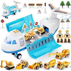 21 in 1 Transport Aeroplane Toy with Smoke, Light and Sound, 6 Construction Trucks, for 3 4 5 6 Boys and Girls, Children