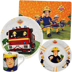 4-Piece Crockery Set Fireman Sam Jones Porcelain / Ceramic Drinking Cup + Plate + Cereal Bowl + Placemat - Children's Crockery Set