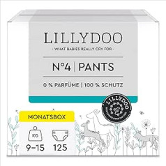 LILLYDOO Ādai draudzīgas bikses, 4. izmērs (9-15 kg), ikmēneša kaste (125 gab.) (FSC mix)