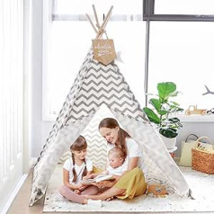 Tiny Land Teepee rotaļu telts bērniem, bērnu istaba ar polsterētu segu un pasaku gaismām, iekštelpu kokvilnas audekls, bērnu telts, indiešu telts (pelēks ševrons, 165 cm augsts)